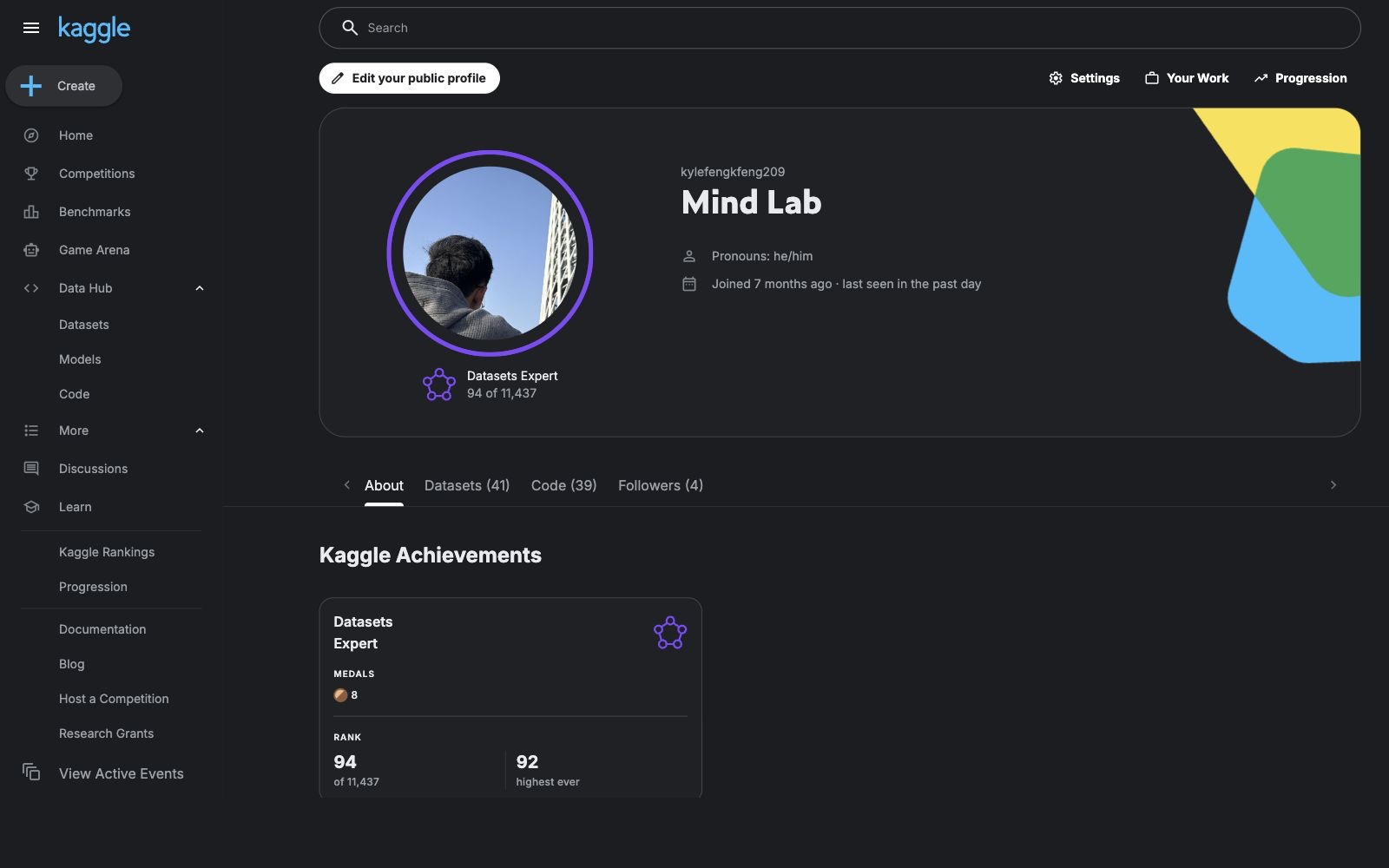 Mind Lab — Kyle Feng's Kaggle profile in dark mode